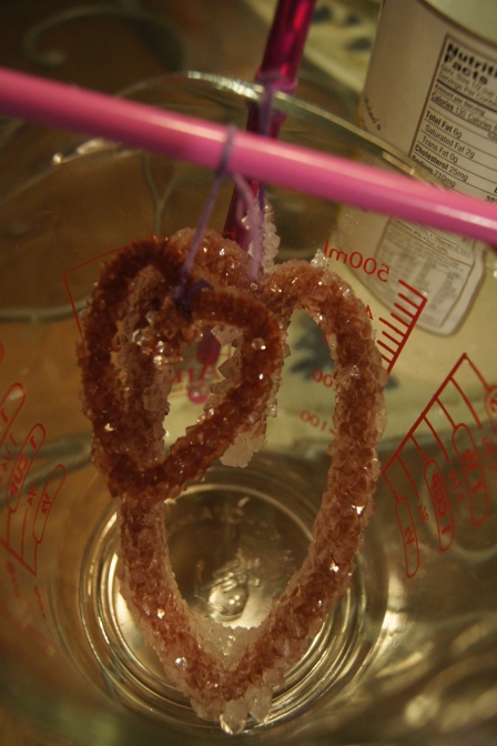 The larger heart was formed in a leftover pasta sauce jar and the smaller heart was made in a baby food jar.